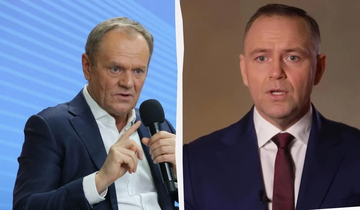 Колаж: портрети Дональда Туска та Кароля Навроцького, скриншот допису в соцмережі Х