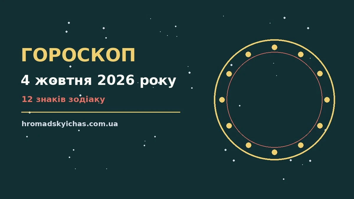 Космічна ілюстрація із зодіакальними сузір'ями на фоні ранкового неба для гороскопу на 4 жовтня 2026 року